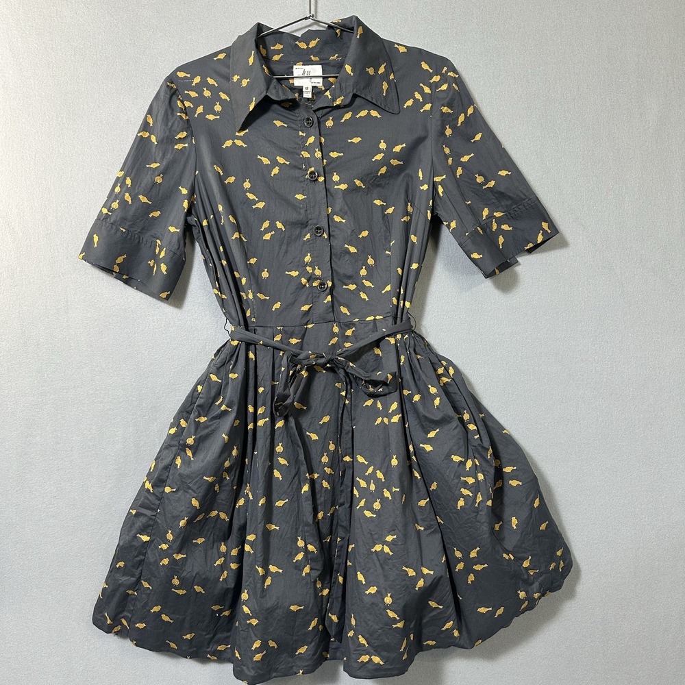 Vtg Milly Of New York Dress Women's 12 Gray Yellow Bird Print Pinup Rockabilly